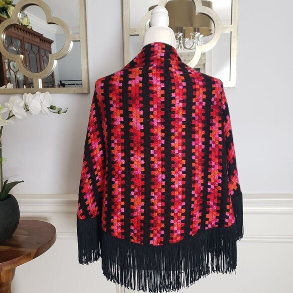 Vintage Handwoven Boho Scarf Cape Wrap Vibrant Geometric Pattern & Black Fringe - Picture 11 of 15